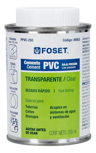 CEMENTO PARA PVC TRANSPARENTE BAJA PRESION 250ML 49563 FOSET